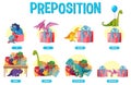 Prepostion wordcard design with dinosaurs and boxes Royalty Free Stock Photo