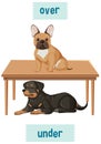 Prepostion wordcard design with dog over and under table