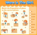 Prepostion wordcard design with girl and boxes