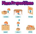 Prepostion wordcard design with girl and boxes