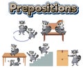 Prepostion wordcard design with movements of raccoon Royalty Free Stock Photo