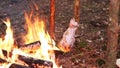 A prepper cooks food on an open fire.