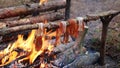 A prepper cooks food on an open fire.