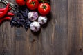 Prepring for cooking dinner. Vegetables on wooden table background top view copyspace