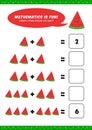 Preschool addition mathematics learn worksheet activity template with cute watermelon illustration for child kids