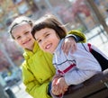 Preschool aged girls posing in urban street