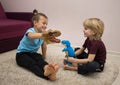 Preschool boys play role-playing games with dinosaur toys sitting on the floor in the room