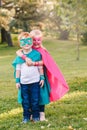 Preschool Caucasian children playing superheroes Royalty Free Stock Photo