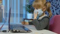 Preschool child girl distance online education at home, pupil studying with teacher using laptop Royalty Free Stock Photo