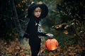 Preschool child with halloween costume and jack' o' lantern in a forest, scary skelleton Royalty Free Stock Photo