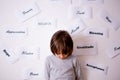 Preschool child, standing in front of a wall with signs