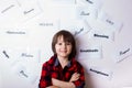 Preschool child, standing in front of a wall with signs