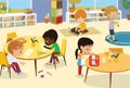 Preschool Class. Illustrations of children in the playroom, boys and girls involved in activities, sew, make a collage