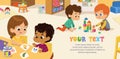 Preschool Class. Multicultural Kids play with bricks and educational games in kindergarten room. Poster with the place