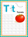 Preschool Colorful letter T Uppercase and Lowercase Tracing alphabets start with Vegetables and fruits daily writing practice