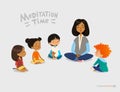 Preschool female teacher and smiling kids sitting in circle on floor and doing yoga exercise. Meditation lesson in kindergarten co