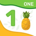 Preschool game for kids learning to count. Number one. Cute pineapple. Bright colorful elements