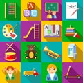 Preschool icons set, flat style