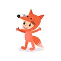 Preschool kid dressed in fox costume. Boy or girl character having fun at children s party. Child wearing colorful