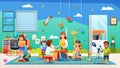 Preschool kids cartoon. Kindergarten classroom with teacher and student Royalty Free Stock Photo