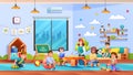 Preschool kids cartoon. Kindergarten room with teacher and student Royalty Free Stock Photo