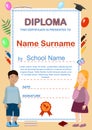 Preschool Kids Diploma. Cartoon certificate template with kids, balloons, pencils, books. Primary school, preschool education.