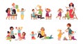 Preschool kids teacher. Child playing, kindergarten preschool characters with adult woman. Art therapy, cute toddler Royalty Free Stock Photo