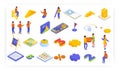 Preschool learning kids games, vector isometric icon set. Children playing board games, math worksheets, number puzzles. Royalty Free Stock Photo