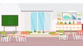 Preschool modern kindergarten children classroom with chalkboard desks chairs and playroom decoration furniture empty no