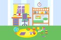 Preschool or school student boy room interior, bedroom with toys, bed, bookshelf, books, desk colorful vector