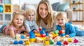 Preschool teacher engaging children in play with colorful wooden toys for immersive learning