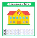 Preschool worksheet activity. Tracing dashed lines. Number 6. Vector