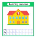 Preschool worksheet activity. Number worksheets for kids to practice writing the numbers. Number 7. Vector