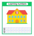 Preschool worksheet activity. Number worksheets for kids to practice writing the numbers. Number 9. Vector