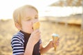 Preschooler boy eating ice cream on hot summer day on beach during family holiday.Gelato is loved delicacy for kids. Sweets are Royalty Free Stock Photo