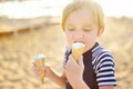 Preschooler boy eating ice cream on hot summer day on beach during family holiday.Gelato is loved delicacy for kids. Sweets are Royalty Free Stock Photo