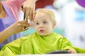 Preschooler boy getting haircut. Children hairdresser with professional tools - comb and scissors Royalty Free Stock Photo