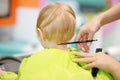 Preschooler boy getting haircut. Rear view. Children hairdresser with professional tools - comb and scissors Royalty Free Stock Photo