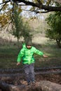 Preschooler boy walks along fallen tree trunk. child keeps balance on log. Active walk