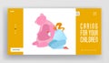 Preschooler Education, Baby Toys Website Landing Page. Mature Woman Hug Huge Pink Plush Teddy Bear Playing with Kids