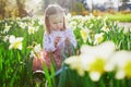 Preschooler girl sitting on the grass with yellow narcissi Royalty Free Stock Photo