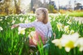 Preschooler girl sitting on the grass with yellow narcissi Royalty Free Stock Photo