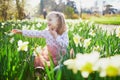 Preschooler girl sitting on the grass with yellow narcissi Royalty Free Stock Photo