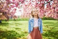 preschooler girl in tutu skirt enjoying nice spring day in cherry blossom garden