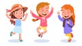 Preschooler girls jumping raising hands joyfully