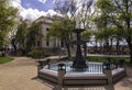 Prescott, Arizona, USA 04/22/2019 The fountain in the Yavapai County Square with the courthouse in the background