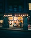 Prescott Elks Theater vintage neon sign at night, Prescott, Arizona