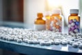 Prescription opioids with many bottles of pills in the background. Concepts of addiction, opioid crisis, overdose and