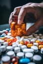 Prescription opioids with many bottles of pills in the background. Concepts of addiction, opioid crisis, overdose and