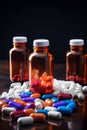 Prescription opioids with many bottles of pills in the background. Concepts of addiction, opioid crisis, overdose and